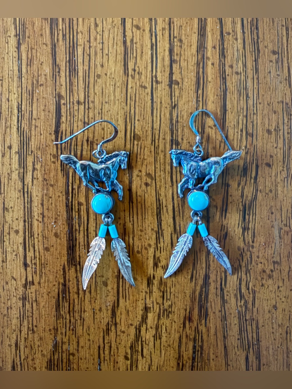 Vintage G&S 925 Sterling Silver Turquoise Dangle Horse Feather Earrings